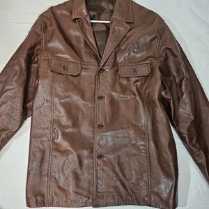 Brown Leather Military Field Jacket with Notched Lapel